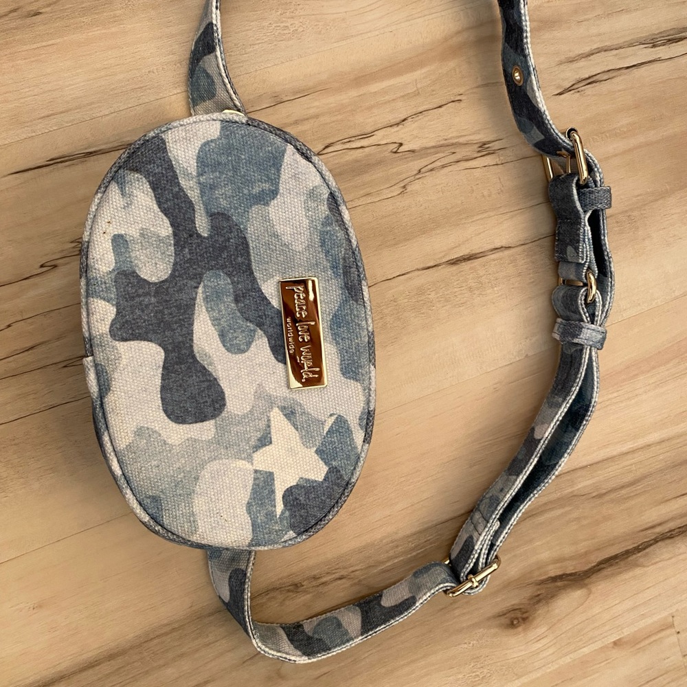 Peace Love World blue denim camo adjustable oval belt bag NEW